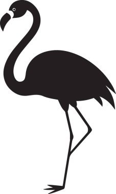 Beslenme pozisyonunda siyah-beyaz bir flamingo silueti. Boyun eğik, zarif bir tropikal kuş çizimi.