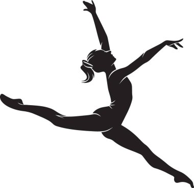 Siyah ve beyaz bir balerin silueti zarif bir dans pozuyla zarif bir atlayış yapıyor.