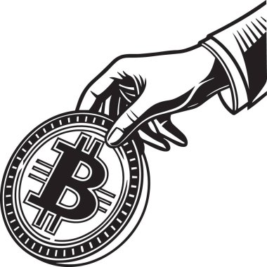 Detaylı bir Bitcoin kripto para biriminin siyah ve beyaz vektör silueti dekoratif devre desenli BTC sembolünü gösteriyor