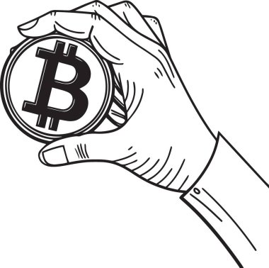 Kripto yatırımı ve dijital para birimini temsil eden parmaklar arasında Bitcoin şifreli para tutan bir elin siyah ve beyaz vektör silüeti