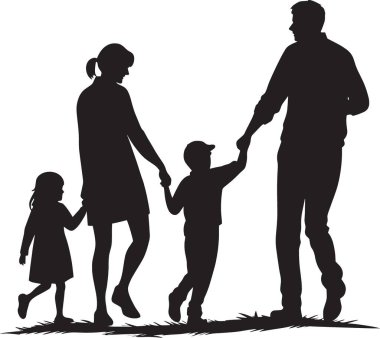 Siyah ve beyaz vektör silueti mutlu bir ailenin ebeveynleri ve çocuklarıyla birlikte sevgi dolu bir sahnede el ele yürüyorlar.