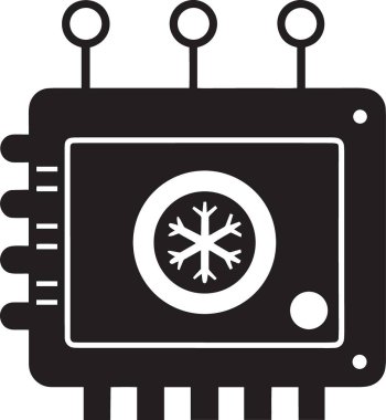 Bir bilgisayar soğutma çipinin siyah ve beyaz vektör silueti veya soğutma teknolojisini temsil eden kar tanesi sembollü mikro işlemci