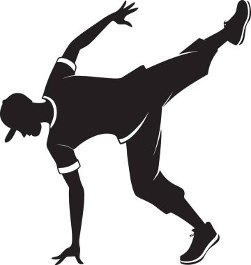 Bir break dansçının siyah ve beyaz vektör silueti akrobatik pozla hareketli bir hip hop sokak dansı yapıyor.