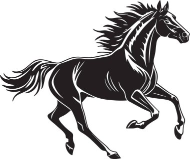Bir atın siyah ve beyaz vektör silueti. Detaylı kaslı vücut ve akış yelesi ile tam adım koşuyor. Atletik hareketler gösteriyor.
