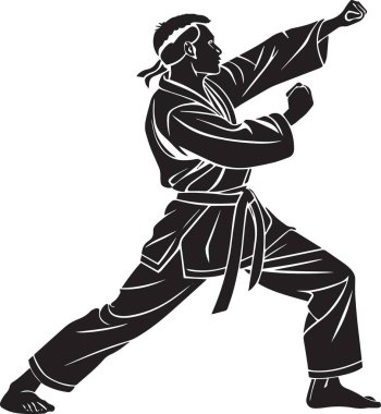 Bir karate dövüşçüsünün siyah ve beyaz vektör silueti geleneksel dövüş sanatları üniformasında dinamik bir tekme tekniği uyguluyor.