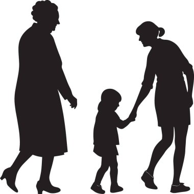 Bir anne ve kızın siyah ve beyaz vektör silueti aile sevgisini ve kültürel mirasını temsil eden geleneksel elbise ile hassas bir anda