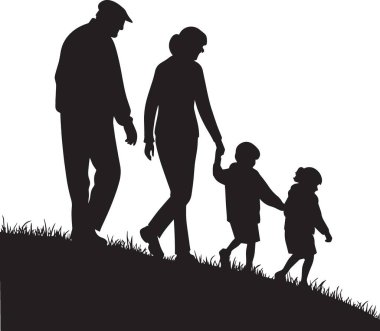 Siyah-beyaz vektör silueti, anne-babaların ve çoklu çocukların çimlerin üzerinde yürümesi, büyük, sevgi dolu bir aileyi temsil ediyor.