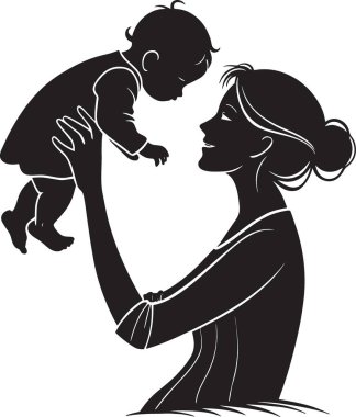 Siyah ve beyaz vektör silueti bir annenin bebeğini sevgiyle kucaklamasının ve şefkat dolu bir annelik anıydı.