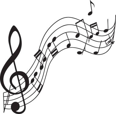 Müzik notalarından oluşan siyah ve beyaz vektör silueti, dinamik bir melodik kompozisyonda üçlü tuşlarla kavisli bir kadro boyunca akıyor.