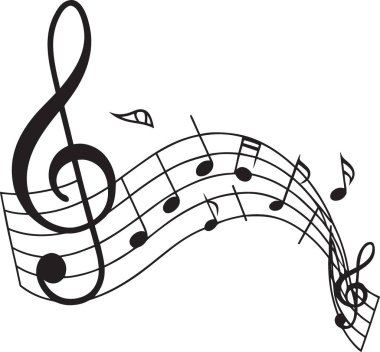 Müzik ve melodiyi temsil eden müzik notaları ve personeliyle sanatsal bir üçlü anahtarın siyah ve beyaz vektör silueti