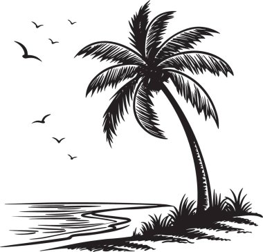 Okyanus kıyısındaki tropikal palmiye ağaçlarının siyah beyaz vektör silueti ve kuşlar bir cennet tatili sahnesi yaratıyor.