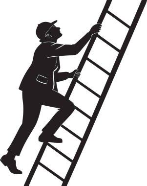 Siyah ve beyaz vektör silüeti bir adamın merdivene tırmanışını ve kişisel gelişim başarı kavramına ulaşmasını gösteriyor.