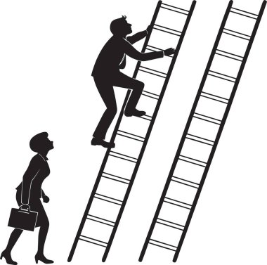 Siyah ve beyaz vektör silüeti evrak çantalı bir iş adamının uzun bir merdivene tırmandığını gösteriyor, kariyer başarısı hırsı kurumsal konsept.