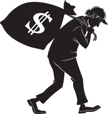 Siyah ve beyaz vektör silüeti, içinde dolar işareti olan büyük bir para çantası taşımaya çalışan bir kadının finansal yük zenginliği kavramının resmi.