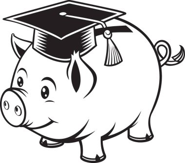 Mezuniyet şapkası takan şirin bir domuz kumbarasının siyah-beyaz çizimi, eğitim birikimi yatırım bursu kavramı