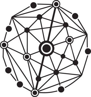 Bir küre, teknoloji ağı veri kavramını oluşturan düğümler ve bağlantılarla bağlantılı bir ağın siyah ve beyaz vektör çizimi