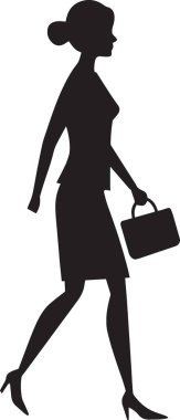 Siyah ve beyaz vektör silüeti, şık bir kadının şapkasını takıp çanta taşıdığı, şık moda konseptini tasvir ediyor.