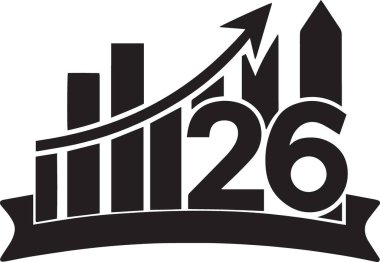 Büyüyen oklar ve bar tablosu ile 2026 numaralı siyah ve beyaz vektör illüstrasyonu, yeni yıl finansal başarı kavramı