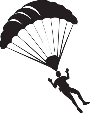 Açık paraşütle paraşütle atlayan bir kişinin siyah siluet vektörü, güvenli bir şekilde inen altın paraşüt ve risk azaltmayı temsil ediyor.