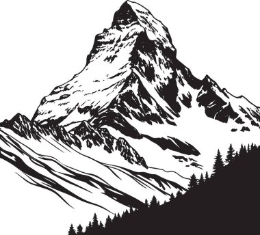 Macera başarısını ve zirve hedeflerine ulaşmayı temsil eden, dağcı silüetiyle dramatik dağ zirvelerinin siyah beyaz detaylı vektörü.