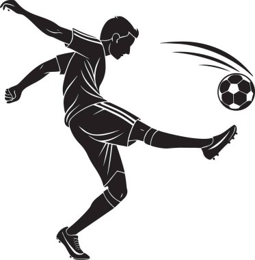 Futbolcunun dinamik tekme hareketindeki siyah siluet vektörü futbol sporlarının gücünü ve atletizmini yakalıyor.