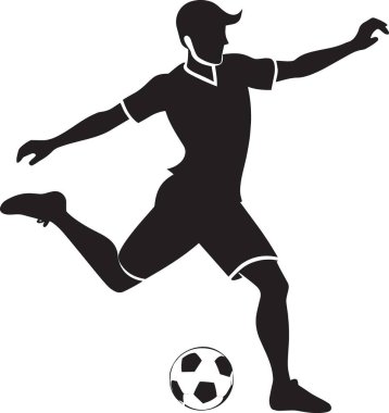 Bir futbolcunun siyah siluet vektörü topa ustaca vuruyor, futbol yeteneğini ve atletik çevikliğini gösteriyor.