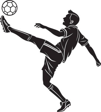 Bir futbolcunun siyah siluet vektörü yaylım ateşiyle voleybol vuruşu yapıyor, dinamik futbol tekniğini gösteriyor.