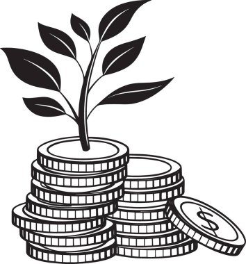 Dolarlık işaretli bozuk paralardan büyüyen bir bitkinin siyah ve beyaz vektör çizimi, mali büyüme ve yatırımı simgeliyor.