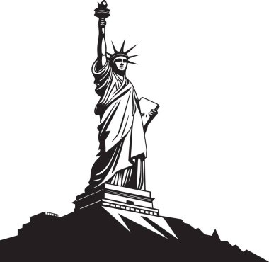 Özgürlük Anıtı 'nın siyah beyaz çizimi meşale ve taç detaylarını yakından gösteriyor.