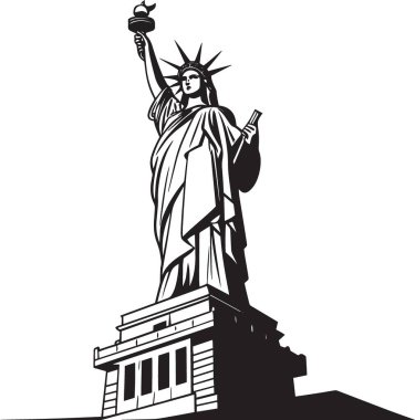Amerikan ve finansal temaları birleştiren külçe külçe külçe külçelerle birlikte Özgürlük Heykeli 'nin siyah ve beyaz vektör çizimi