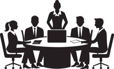 Bir şirket toplantısında konferans masasında oturan iş adamlarının siyah vektör silueti.