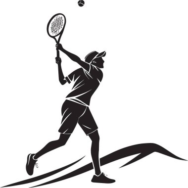 Bir tenis oyuncusunun siyah vektör silueti raket ve topla poz verir