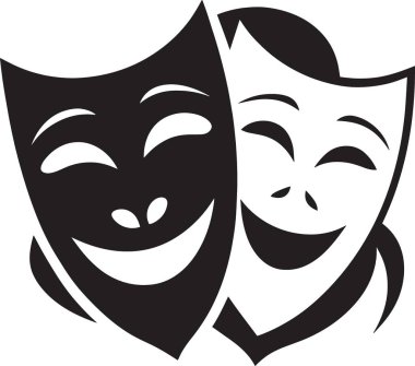 Şekillendirilmiş tiyatro komedisi ve akıcı sanatsal tasarım unsurları olan trajedi maskelerinin siyah vektör silueti