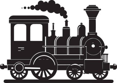 Eski bir buhar treni lokomotifinin siyah vektör silueti dekoratif bir lamba direğinin yanında dumanla birlikte.