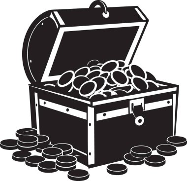 Altın sikkeler ve dağınık hazinelerle dolu açık bir hazine sandığının siyah vektör silueti.