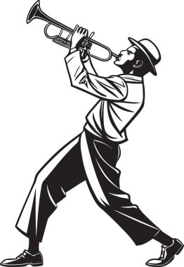 Bir caz trompetçisinin siyah vektör silueti tutkulu bir performans sergilerken dramatik bir şekilde geriye yaslanıyor