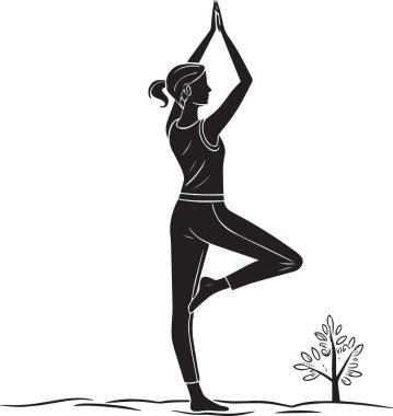 Ağaçta duran bir kadının siyah vektör silueti elleri başının üstüne bastırılmış yoga pozu veriyor.