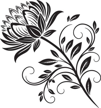 Siyah ve beyaz bir çiçek sarmaşığının, yapraklı ve dekoratif kıvrımlı resmi.