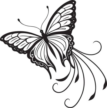 Süslü kanatları olan dekoratif bir kelebeğin zarif siyah ve beyaz vektör silueti
