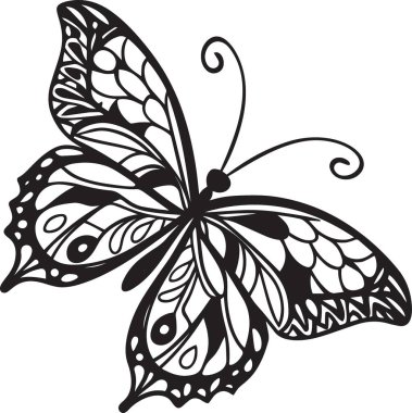 Karmaşık siyah-beyaz bir kelebek silueti ve süslü kanat tasarımları.
