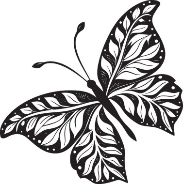 Süslü yapraklardan ve çiçek desenlerinden kanatları olan bir kelebeğin siyah ve beyaz çizimi