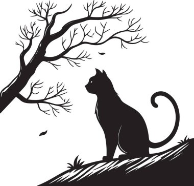 Sonbahar sahnesinde yaprakları dökülen bir kedinin çıplak bir ağacın altında oturan siyah silueti.