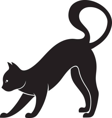 Siyah-beyaz bir siyah kedi silueti ilginç bir pozda asma kilit ve anahtarla etkileşime giriyor.