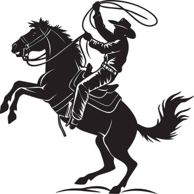 Dinamik bir batı aksiyon sahnesinde kementle iple yükselen bir ata binen bir kovboyun siyah beyaz vektör silueti.