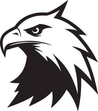 Keskin gagalı ve detaylı tüylü, profil görünümlü vahşi bir kartal kafasının siyah ve beyaz vektör silueti