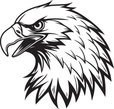 Ayrıntılı bir kartal baş portresinin siyah ve beyaz vektör silueti ve karmaşık tüy dokusu