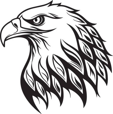 Bir kartal kafasının siyah ve beyaz vektör silueti akış tüyü detaylarıyla kabile sanatsal tarzında