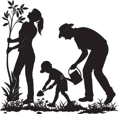 Bir anne ve çocuğun bahçedeki bitkileri sulayan siyah siluet vektörü, ebeveynlik ve bahçe tasarımı için mükemmel.