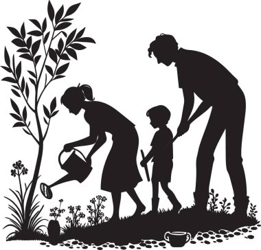 Çevre ve aile temaları için ideal olan bir ağaç dikme ve sulama ailesinin siyah siluet vektörü