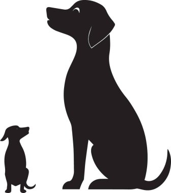 Büyük bir köpeğin siyah siluet vektörü beyaz arka planda küçük bir köpek yavrusuyla yukarı bakıyor.